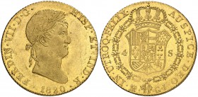 1820. Fernando VII. Madrid. GJ. 4 escudos. (Cal. 217). 13,46 g. Mínimas rayitas. Muy bella. Rara así. EBC+.