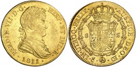 1811. Fernando VII. Cádiz. CI. 8 escudos. (Cal. 1) (Cal.Onza 1192). 26,86 g. Busto armado y laureado. Sin punto delante de HISP. Punto entre los ensay...