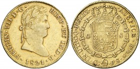 1821. Fernando VII. Guadalajara. FS. 8 escudos. (Cal. 7) (Cal.Onza 1205). 26,23 g. Sin punto entre los ensayadores. Insignificantes golpecitos en cant...