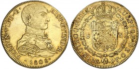 1808. Fernando VII. Lima. JP. 8 escudos. (Cal. 12) (Cal.Onza 1210). 27,04 g. Busto indígena. Rayitas en anverso y leves hojitas en reverso. Precioso c...