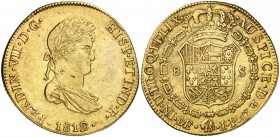 1812. Fernando VII. Lima. JP. 8 escudos. (Cal. 18) (Cal.Onza 1217). 27,05 g. Busto pequeño. Golepcito en canto. Leves rayitas de acuñación. Bonito col...