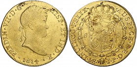1814. Fernando VII. Lima. JP. 8 escudos. (Cal. 20) (Cal.Onza 1220). 27,01 g Leves marquitas. Bonito color. EBC-.