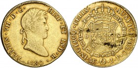 1820. Fernando VII. Lima. JP. 8 escudos. (Cal. 26) (Cal.Onza 1230). 26,73 g. Hojas en reverso. Bonito color. (MBC).