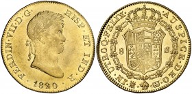 1820. Fernando VII. Madrid. GJ. 8 escudos. (Cal. 35) (Cal.Onza 1241). 27,01 g. Mínimas marquitas. Pleno brillo original. Muy bella. Rara así. EBC+/S/C...