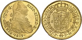 1819. Fernando VII. Popayán. FM. 8 escudos. (Cal. 82) (Cal.Onza 1301) (Restrepo 128-33). 26,99 g. Bellísima. Brillo original. Rara así. EBC+.