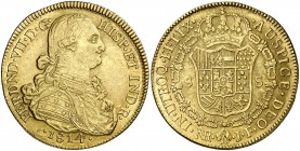 1814. Fernando VII. Santa Fe de Nuevo Reino. JF. 8 escudos. (Cal. 103) (Cal.Onza 1327) (Restrepo 127-17). 27,06 g. Sin punto delante de HISP. MBC+.