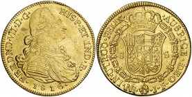 1816. Fernando VII. Santa Fe de Nuevo Reino. JF. 8 escudos. (Cal. 106) (Cal.Onza 1331) (Restrepo 127-22). 26,96 g. Leve defecto de acuñación. Bella. B...