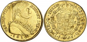 1810. Fernando VII. Santiago. JJ. 8 escudos. (Cal. 114) (Cal.Onza 1346). 26,98 g. Busto almirante. Hojitas en reverso. Muy escasa. EBC-.