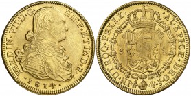 1814. Fernando VII. Santiago. FJ. 8 escudos. (Cal. 122) (Cal.Onza 1358). 26,96 g. Hoja en reverso. Bonito color. MBC+.