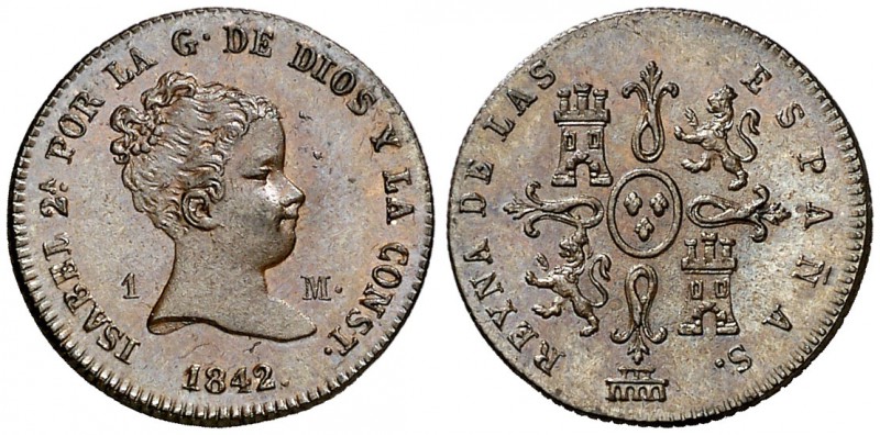 1842. Isabel II. Segovia. 1 maravedí. (Cal. 567). 1,31 g. Muy bella. Brillo orig...