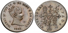 1842. Isabel II. Segovia. 1 maravedí. (Cal. 567). 1,31 g. Muy bella. Brillo original. Ex Colección Anastasia de Quiroga 28/04/2011, nº 4. Escasa así. ...