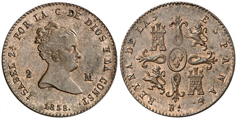 1858. Isabel II. Barcelona. 2 maravedís. (Cal. 538). 2,24 g. Bella. Parte de bri...