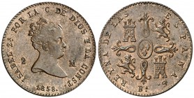 1858. Isabel II. Barcelona. 2 maravedís. (Cal. 538). 2,24 g. Bella. Parte de brillo original. Ex Áureo & Calicó 27/05/2014, nº 2672. Escasa y más así....