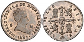 1841. Isabel II. Segovia. 2 maravedís. (Cal. 552). 2,04 g. Bella. Brillo original. EBC+.