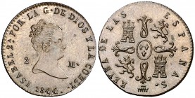 1844. Isabel II. Segovia. 2 maravedís. (Cal. 556). 2,37 g. Bella. Brillo original. S/C-/S/C.