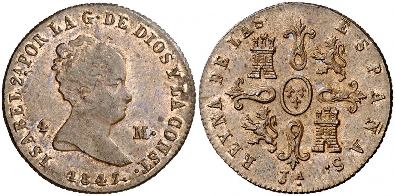 1847. Isabel II. Jubia. 4 maravedís. (Cal. 517). 5,12 g. Ceca: JA. Parte de bril...