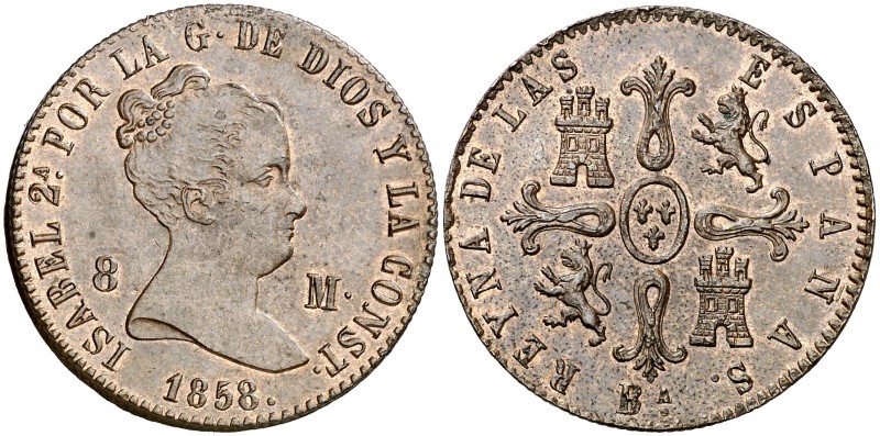 1858. Isabel II. Barcelona. 8 maravedís. (Cal. 471). 9,86 g. Punto después de CO...