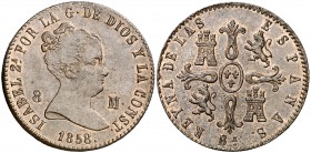 1858. Isabel II. Barcelona. 8 maravedís. (Cal. 471). 9,86 g. Punto después de CONST. Bella. Parte de brillo original. EBC/EBC+.