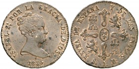 1835. Isabel II. Jubia. 8 maravedís. (Cal. 472). 10,66 g. Valor en reverso. Marca de ceca: J. Bellísima. Parte de brillo original. Ex Colección Isabel...