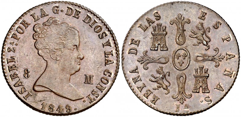 1849. Isabel II. Jubia. 8 maravedís. (Cal. 487). 10,09 g. Ceca: JA. Bella. Escas...