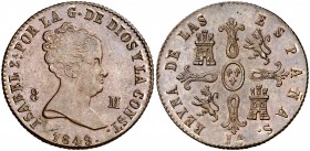 1849. Isabel II. Jubia. 8 maravedís. (Cal. 487). 10,09 g. Ceca: JA. Bella. Escasa así. EBC+.