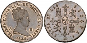 1845. Isabel II. Segovia. 8 maravedís. (Cal. 501). 10,58 g. Muy bella. Gran parte de brillo original. Rara así. S/C.