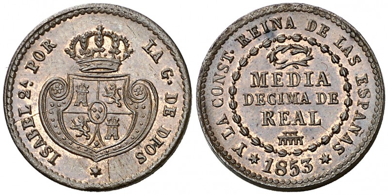 1853. Isabel II. Segovia. 1/2 décima de real. (Cal. 586). 1,96 g. Bella. Brillo ...