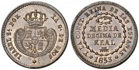 1853. Isabel II. Segovia. 1/2 décima de real. (Cal. 586). 1,96 g. Bella. Brillo original. Escasa así. EBC+.