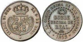 1853. Isabel II. Segovia. Doble décima de real. (Cal. 579). 7,59 g. Bella. Precioso color. Ex Áureo & Calicó Selección 2014, nº 437. Rara así. EBC+....