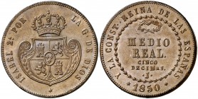 1850. Isabel II. Jubia. 1/2 real = 5 décimas. (Cal. 571). 19,64 g. Insignificantes golpecitos. Bella. Parte de brillo original. Ex Áureo & Calicó Sele...