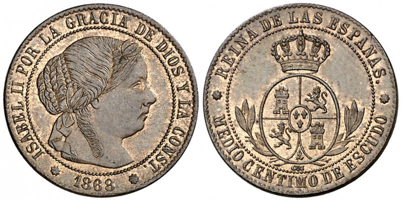1868. Isabel II. Barcelona. . 1/2 céntimo de escudo. (Cal. 671). 1,23 g. Bella. ...