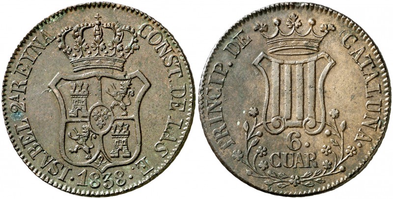 1838. Isabel II. Barcelona. 6 cuartos. (Cal. 685). 13,83 g. Buen ejemplar. Ex Co...