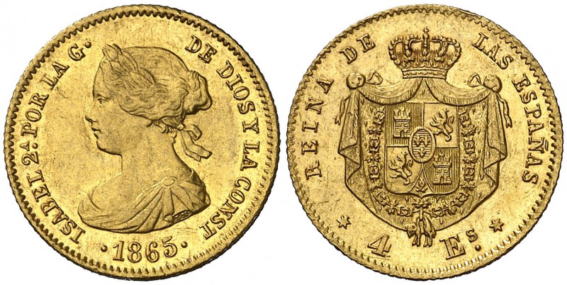 1865. Isabel II. Madrid. 4 escudos. (Cal. 108). 3,36 g. Parte de brillo original...