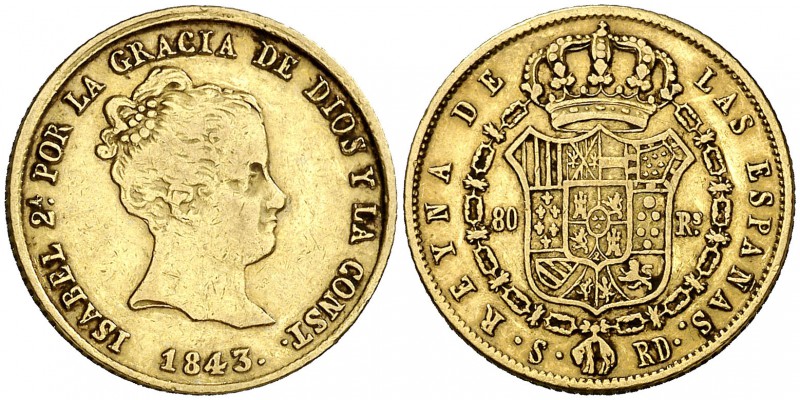1843. Isabel II. Sevilla. RD. 80 reales. (Cal. 93). 6,75 g. MBC/MBC+.