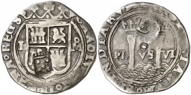 s/d. Juana y Carlos. México. L. 1 real. 3,21 g. Resello escudo con cinco besantes, ¿quinas de Portugal?. MBC-.