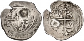 s/d. Felipe II. México. O. 1 real. 3,26 g. Resello escudo con cinco besantes, ¿quinas de Portugal?. Ex Áureo 09/04/2003, nº 1280. BC.