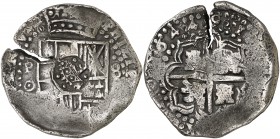 1649. Felipe III. Potosí. . 8 reales. 27,32 g. Resello F bajo corona. Fecha 16449 por doble acuñación. Procedente del tesoro de "La Capitana". Grieta....
