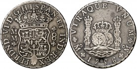 1756. Fernando VI. México. MM. 8 reales. 26,49 g. Columnario. Resello sobre la fecha. MBC-.
