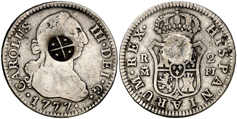 1777. Carlos III. Madrid. PJ. 2 reales. 5,73 g. Resello ¿de Sumatra? (Gaceta Num...
