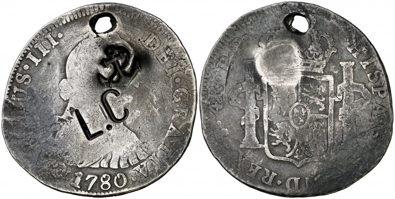 1780. Carlos III. Potosí. PR. 4 reales. 12,86 g. Resello particular áncora con c...