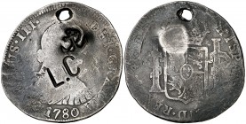 1780. Carlos III. Potosí. PR. 4 reales. 12,86 g. Resello particular áncora con cabo enrollado y L. C. Perforación. BC-.