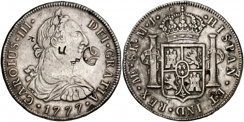 1777. Carlos III. Lima. MJ. 8 reales. 26,90 g. Resellos orientales pequeños y un...