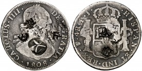 1808. Carlos IV. Potosí. PJ. 4 reales. 13,03 g. Resellos orientales grandes y uno de Java (De Mey 768), falso. BC+.