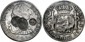 1790. Carlos IV. México. FM. 8 reales. 26,92 g. Dos resellos falsos, superpuestos, de corona en círculo, y uno de GP bajo corona, también falso (simil...