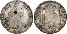 1803. Carlos IV. México. FT. 8 reales. 26,84 g. Resello en forma de flor, muy curioso. Ex Áureo 30/03/2004, nº 563. MBC-.