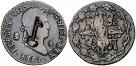 1827. Fernando VII. Segovia. 4 maravedís. 4,80 g. Resello llave, a imitación de la de Cuba (De Mey 480). Ex Áureo 21/01/2004, nº 1067. (MBC).