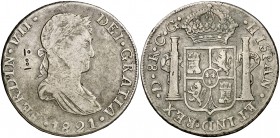 1821. Fernando VII. Durango. CG. 8 reales. 26,54 g. Resello 10 y 100. MBC-.