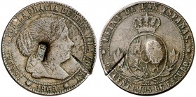 1868. Isabel II. Barcelona. . 2 1/2 céntimos de escudo. 5,97 g. Resello J. E. en cartela, muy interesante. Golpe de cizalla. Ex Áureo 17/10/2001, nº 1...