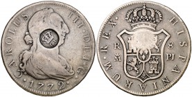 (1887). Azores. (De Mey 4) (Kr. 29.4). 26,21 g. Resello GP bajo corona (MBC), del Gobierno Portugués, para circular como 1200 reis. Sobre un real de a...