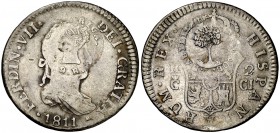 (1845). Costa Rica. (De Mey 473 y 474) (Kr. 39). 5,48 g. Doble resello, sobre un real de a 2 de Cádiz 1811 CI. MBC-.